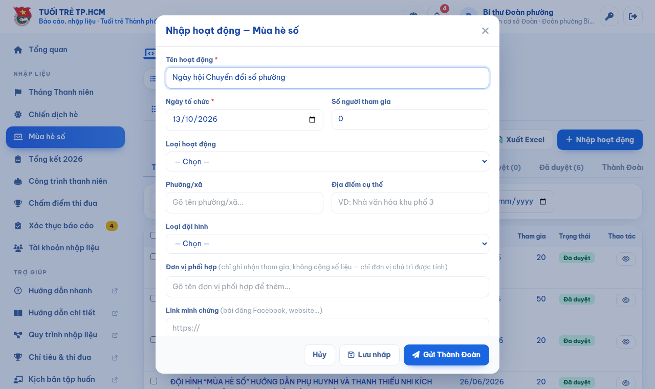 Form nhập hoạt động